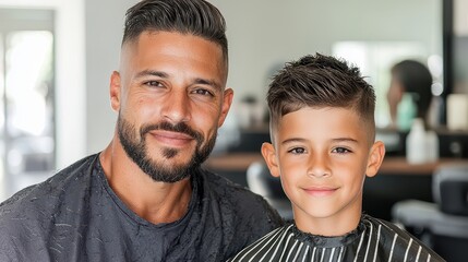 Obraz premium Happy Father and Son at the Barber Shop