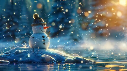 Obraz premium A snowman stands on a snow-covered patch of ground in a snowy forest with a sunlit background.