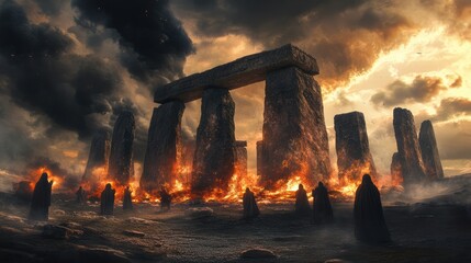 A dark fantasy setting where Stonehenge is the center of a forbidden ritual, with hooded figures chanting around a large bonfire and eerie black clouds swirling overhead.