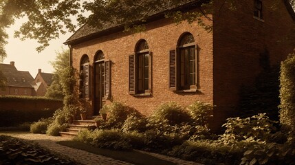 Naklejka premium Generative AI, A charming brick house with an arched doorway and a cobblestone path, surrounded by lush greenery, evoking a peaceful and timeless atmosphere in sepia tones