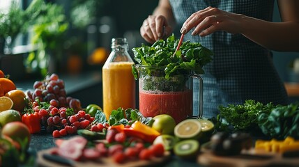 Fresh organic fruits and vegetables being prepared for a healthy smoothie © Eduards V.