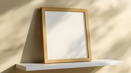 Fototapeta premium Elegant Wooden Frame Floating on Beige Wall with Natural Lighting