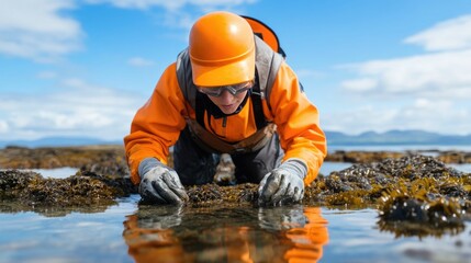 Marine biologist performing field research and data collection in intertidal zones studying species diversity and ecosystem dynamics as part of marine biodiversity studies