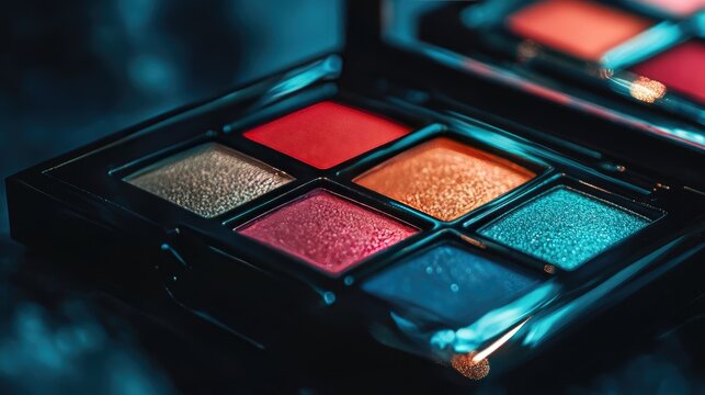 Eyeshadow palette with a transparent window, no branding, focal point on the vibrant hues inside, no people.
