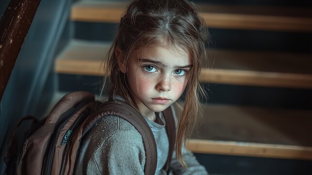 Thoughtful child sitting alone on stairwell with a backpack
