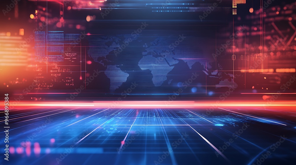 Poster digital world map with gridded, glowing lines