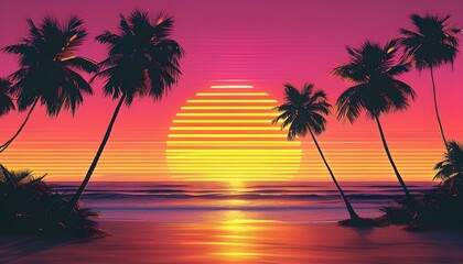 Neon Tropical Sunset with Palm Trees in Retrowave Style for Summer Vacation, Embracing Vaporwave Aesthetics in Retro Futurism Design