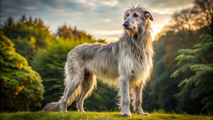 Fototapeta premium A stately wolfhound stands proud, its gaze sharp as a knife, its silken coat rippling in the breeze,