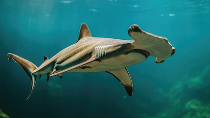 Fototapeta premium Hammerhead Shark Gracefully Navigating the Depths of the Ocean Showcasing Its Unique Head Shape and Fascinating Behavior in the Marine Environment