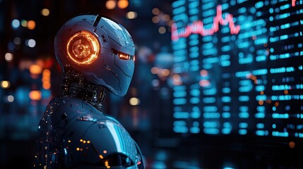 22. Robot trader in front of a glowing stock chart predicting market outcomes, [market prediction], [AI forecasting financial movements]