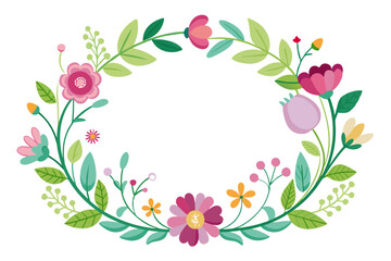 A branch of pink flowers with green leaves and buds on a white background.