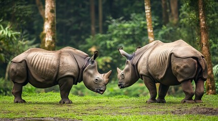 Fototapeta premium Rhinoceroses at the zoo in Pasuruan, Indonesia, specifically in Taman Safari 2 in Prigen. The one-horned rhinos roam freely in the forest, with visitors observing their natural habitat.