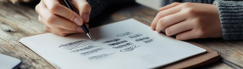 Hands sketching different font options for the brand s logo on a notepad, Font Selection, Choosing typography for branding