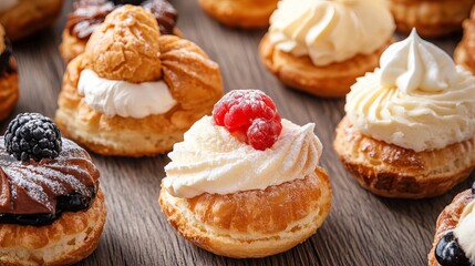 A selection of cream puffs in various flavors