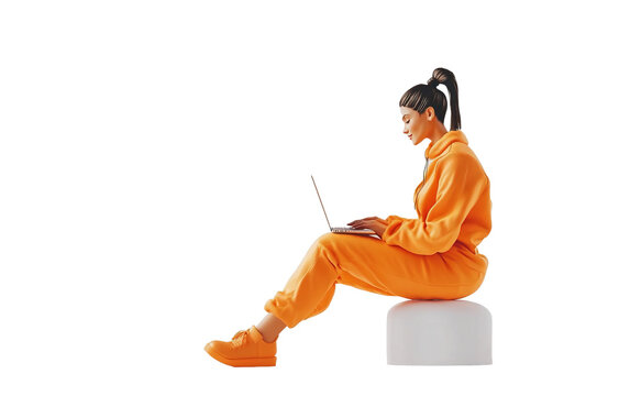 3D Rendered Woman Working for Leptop on white background,png