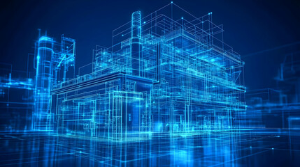 A digital representation of an industrial facility in a futuristic blue wireframe design.