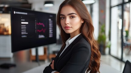 Skilled female business assistant strategizing in a sleek conference room, advanced tech tools, clear focus on problem resolution, vibrant and modern setting