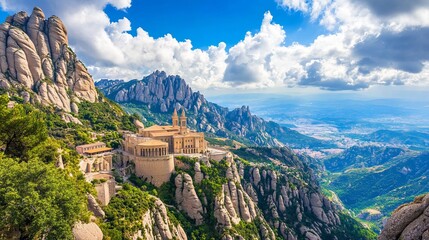 Basilica The Basilica and Montserrat Monastery nestled in the Montserrat Mountains, Spain. A sunny summer day view of the monastery with fluffy clouds overhead.
