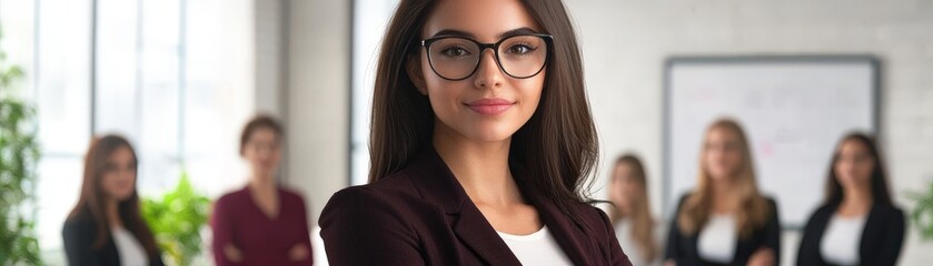 Obraz premium Female business assistant confidently presenting solutions to a diverse team, high-tech office space, problem-solving expertise, engaging visual style