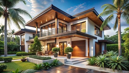 Fototapeta premium A tranquil Contemporary Thai-style home features pristine white walls, natural wood accents, and a lush outdoor oasis