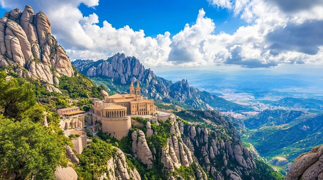 Basilica The Basilica and Montserrat Monastery nestled in the Montserrat Mountains, Spain. A sunny summer day view of the monastery with fluffy clouds overhead.