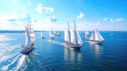 Sailboats racing in a line on a sunny day