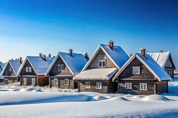 Snow-covered gray wooden houses against blue sky