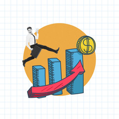 A businessman running to the top of chart bar, Startup and success business concept, Art collage