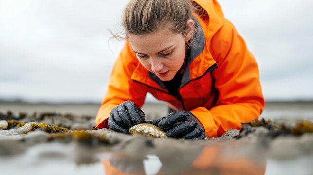 Biologist Studying Diverse Marine Life in a Tide Pool During Low Tide Examining the Intricate Ecosystems and Organisms of the Coastal Environment