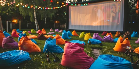 outdoor cinema in the park using a large screen, with relaxing chairs