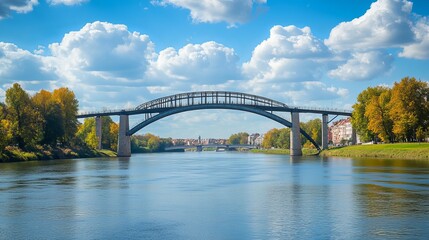 Naklejka premium Cracow, Poland: View of the Józef Piłsudski road bridge spanning the Vistula River, featuring an arch-shaped steel structure. Focused detail.