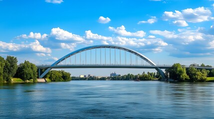 Fototapeta premium Cracow, Poland: View of the Józef Piłsudski road bridge spanning the Vistula River, featuring an arch-shaped steel structure. Focused detail.