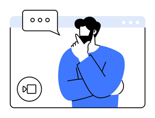 Digital artwork depicting a bearded man in blue shirt thinking inside a browser window, with video call icon and speech bubble containing three dots symbolizing pending message. Themes: communication