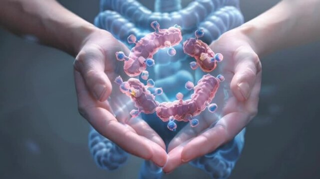 hands holding a ring of microscopic cells, with a blue intestinal background.