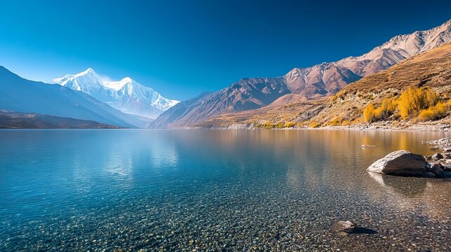 Dhumba Lake in Jomsom, set against the Himalaya Mountains in Nepal, part of the Annapurna Circuit trek