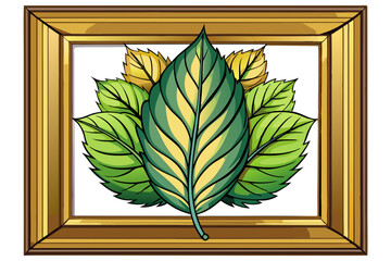 Close up of a golden frame with green and yellow leaves peeking from behind.
