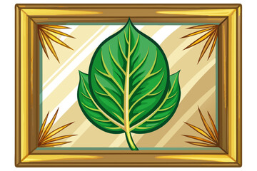 Close-up of a golden frame with a green leaf and yellow frond.