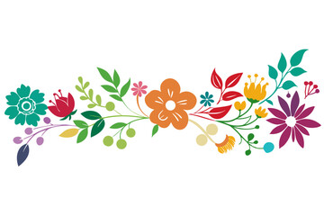 Colorful floral design with pink, green, and red flowers on a white background.