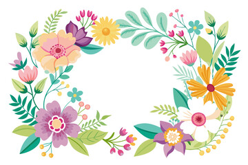 A colorful floral arrangement with pink, yellow, and purple flowers, green leaves and stems on a white background.