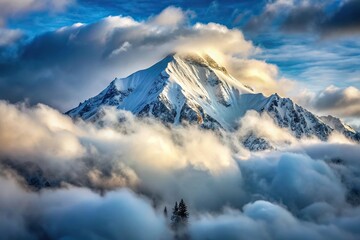 Snowy mountain covered in clouds in winter Long Shot