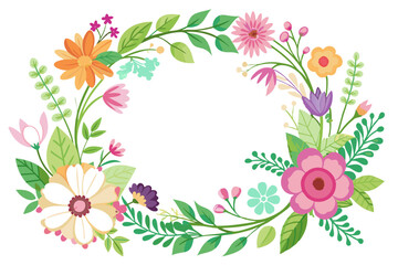 Illustration of a bouquet of orange, pink, and purple flowers with green leaves.