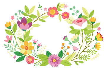 Colorful floral illustration with pink, purple, and yellow flowers with green leaves and stems on a white background.
