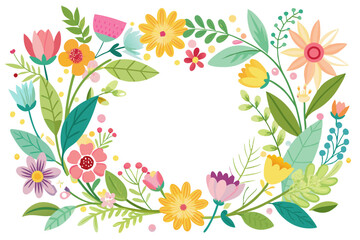 A colorful illustration of a floral bouquet with yellow, pink, and blue flowers and green leaves.