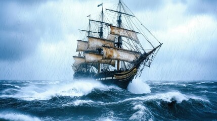Tall Ship Sailing Through Stormy Sea with Waves and Rain