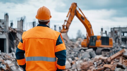 Overhead view of demolition with technical diagrams, graph detailing stages, large copy space for text, focus on all objects, deep depth of field
