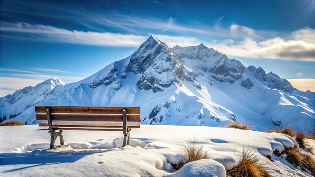 Snowy mountain with bench in foreground