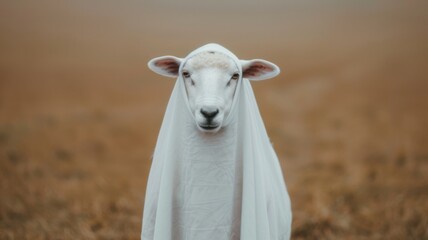 Fototapeta premium A sheep dressed in a ghost costume with a white sheet, standing in an open field with a neutral expression.