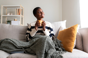 Pensive happy African American young woman relaxing at home, sitting on the sofa drinking coffee...
