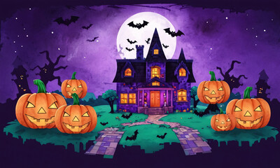 Fototapeta premium Artificial Intelligence. Creepy House Decorated For Halloween On Purple Background. 