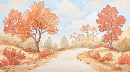 Watercolor of Scenic autumn landscape with orange trees lining a winding path under a bright blue sky and fluffy white clouds.